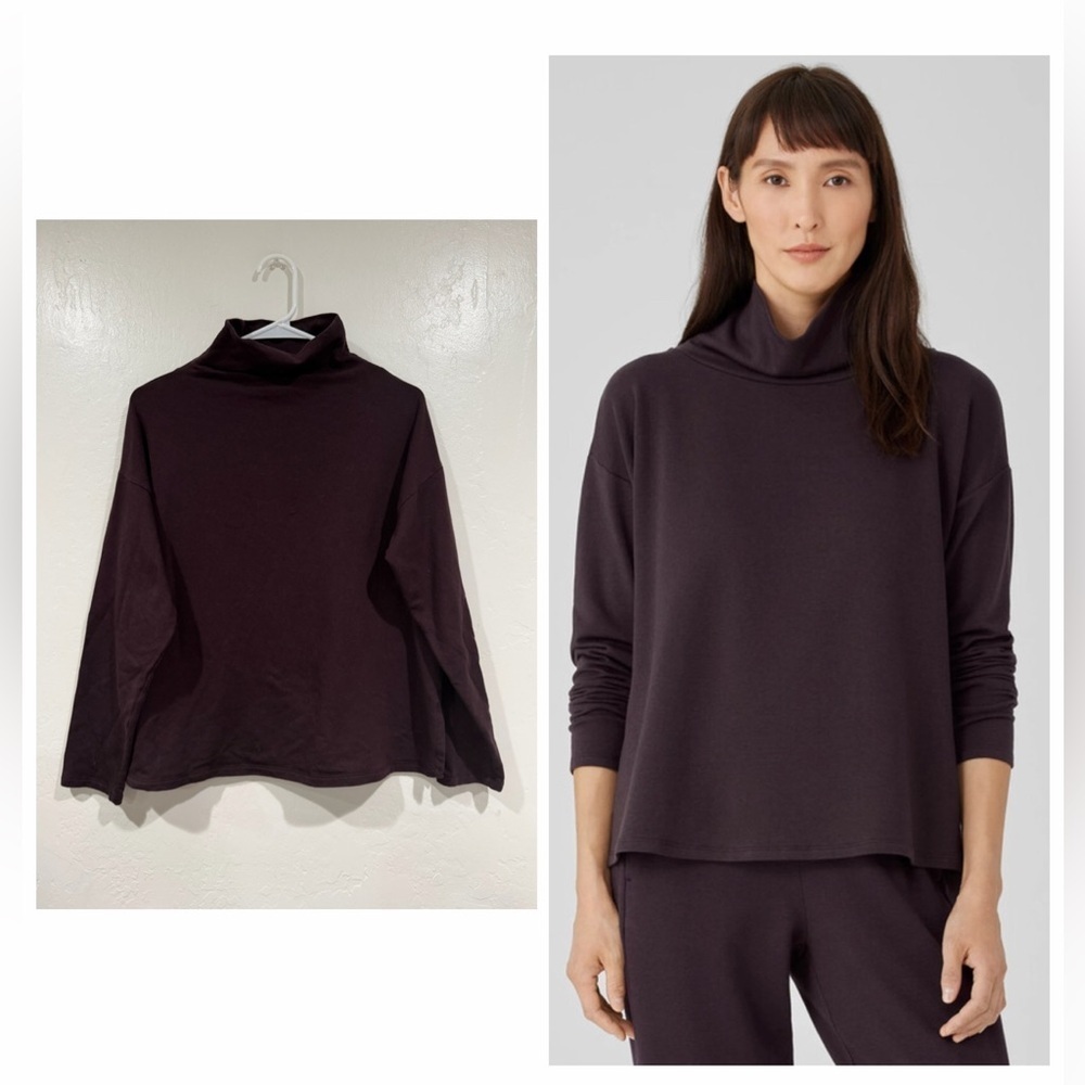 Eileen Fisher Brown Cozy Brushed Terry Hug Funnel Neck Jersey Top size PM
